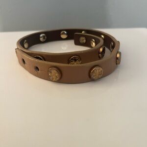 Tory Burch Tan Leather Wrap Bracelet with Gold Accents